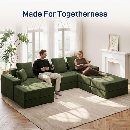 Living&Giving 128" U-Shaped Cloud Sectional Couch for Living Room, Cloud Boneless Couch-No Assembly with Reversible Chaise, Customizable 4-Seat Modular Sectional Sofa with 3 Ottoman, Green
