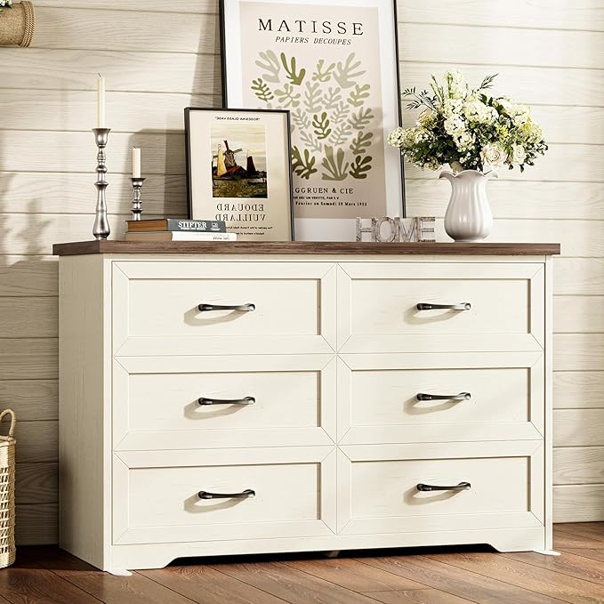 AODK Farmhouse 6 Drawer Dresser for Bedroom, 47” Wide Rustic Storage Dresser with Engineered Wood Frame, Anti-Tip Safety Chest, American Country Bedroom Furniture, Walnut & Vintage White