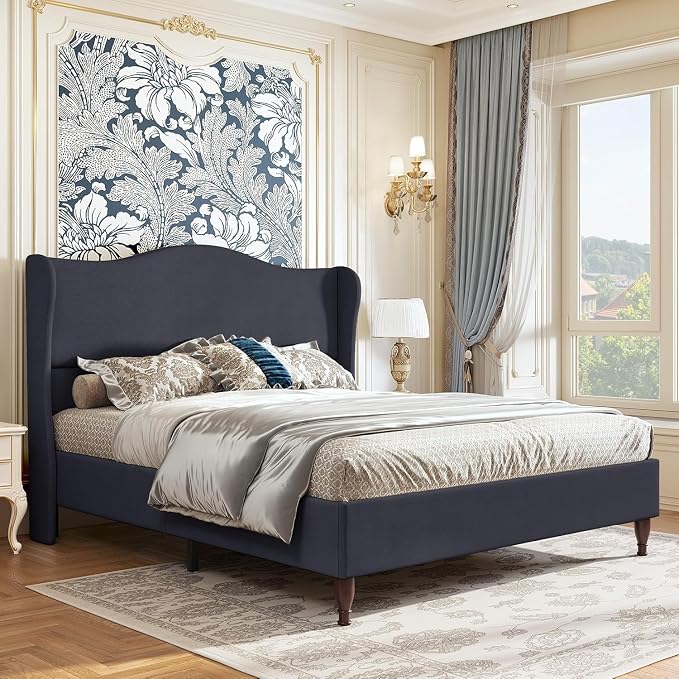 koorlian Queen Upholstered Bed Frame with 51'' Tall Headboard, Dark Navy | Reinforced Platform Bed, Easy Assembly, Soft Fabric, Sleigh Wingback, Solid Wood Retro Legs, Noise-Free, Classic & Simple