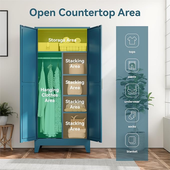 YAUWOH Farmhouse Wardrobe Cabinet,Metal Wardrobe Closet with Hanging Rod,Metal Armoire with Adjustable Shelves for Bedroom,Cloak Room,Office (Blue)