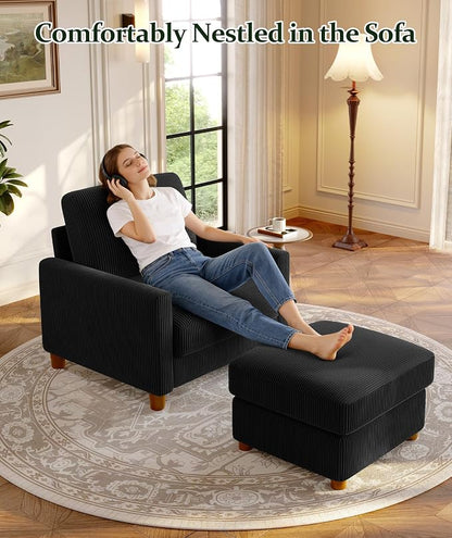 Welzona 25.2" Couches for Living Room, Comfy Black Ottoman with Storage, Foot Rest Tool-Free Setup, Small Ottoman Foot Rest for Couch, Corduroy Couch for Bedroom, Apartment, Office
