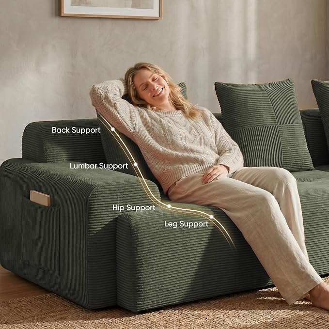 118" Sectional Boneless Oversize Modular Couches, Curved Cloud Sectional Sofa for Living Room, Corduroy U Shape Deep Seat Sofa with 2 Ottomans & 3 Throw Pillows, No Assembly Required,Green