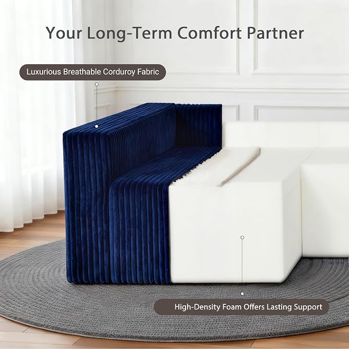 128" U-Shaped Boneless Couch, Modern Sectional Modular Couch with Double Chaise, Deep Seat Boneless Couches for Living Room Bedroom with Pet Stair, No Assembly Required, Blue