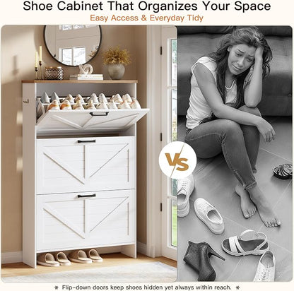 Nicetree Shoe Cabinet, 3 Flip Drawers & Adjustable Shelves, Ultra Slim Freestanding (9.1” Deep), Holds 30 Pairs, Narrow Shoe Storage Cabinet with Anti-Tip Safety, Modern Farmhouse White Walnut