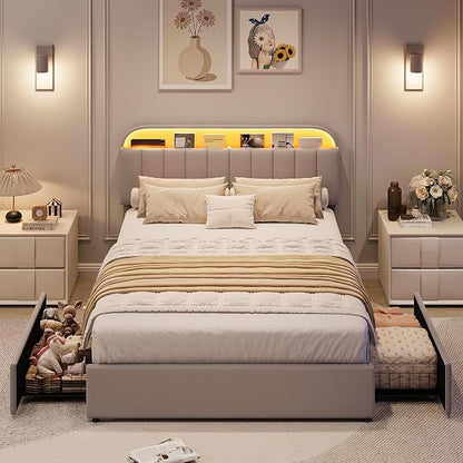 GarveeHome Full Bed Frame with Storage Headboard, Kids Bed Frame with 2 Drawers, Velvet Upholstered Platform Bed Frame with Lights, No Box Spring Needed, Easy Assembly, Velvet Grey