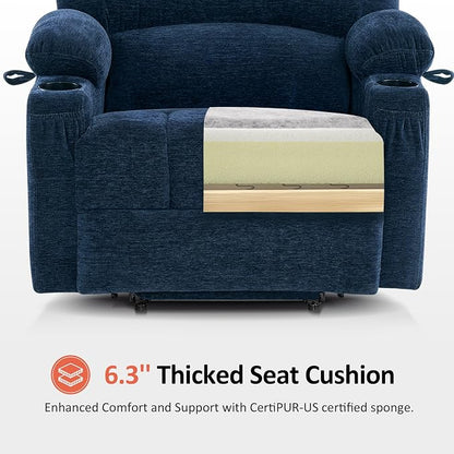 MCombo Oversized Power Lift Recliner Chair for Elderly, Lift Chair with Heat and Massage, Lift Recliner for Big and Tall, Cup Holders, USB & Type C Ports, Fabric R7092 (Navy Blue, Oversize)