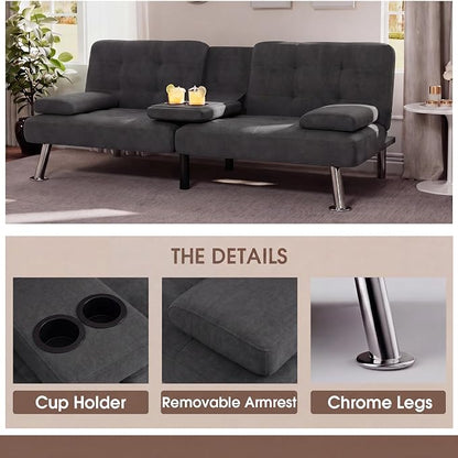 Flamaker Futon Sofa Bed Modern Folding Futon Set Linen Fabric Convertible Recliner Lounge for Living Room with 2 Cup Holders, Removable Armrests (Fabric, Carbon Black)