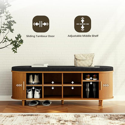 DHH 2-Tier Storage Bench,Wide Shoe Bench with Thickened Padded Seat Cushion, Mid Century Modern Fluted Sliding Door and Adjustable Shelf, for Entryway, Living Room, Bedroom (Yellow Walnut, 51.2”)