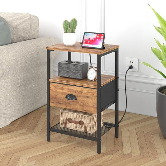 sthmec Nightstands Set of 2, Night Stands with Charging Station and Fabric Drawer, Bedside Tables with Drawers, 2- Tier Side Table with Open Shelf, Nightstands with Charging Station,Rustic Brown