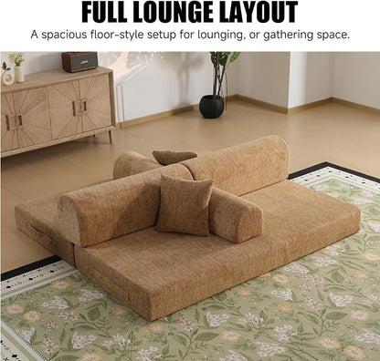 78.8" Memory Foam Boneless Couch, Corduroy Floor Sofa Bed, Convertible Sleeper Futon Loveseat, Wide Armrests & Back Support, Supports Up to 1200 lbs, Couch in a Box with 2 Pillows, Ochre