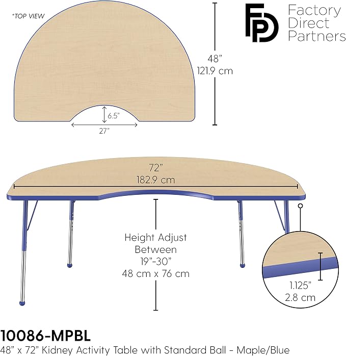FDP Kidney Activity School and Office Table (48 x 72 inch), Standard Legs with Ball Glides for Collaborative Seating Environments, Adjustable Height 19-30 inches - Maple Top and Blue Edge