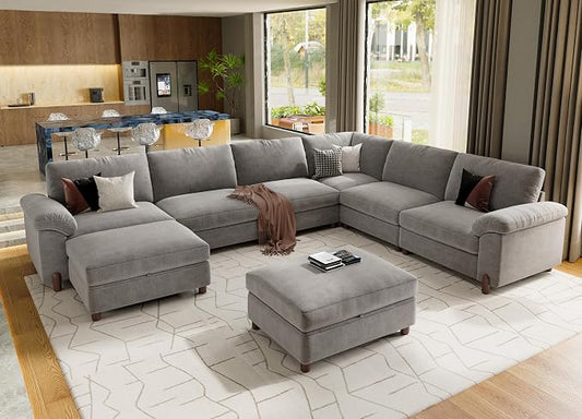 SITJOY Large Cloud Couch, 138" Wide 6 Seater V Shape, Light Gray Chenille | Detachable and Washable Chenille Cover Sectional Sofas for Living Room, Deep Seat Wide Couch with Chaise, Storage Ottoman