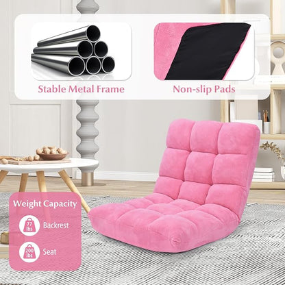 14-Position Floor Sofa, Folding Gaming Sofa Chair, Comfy Cushions & Study Steel Frame, Angle Adjustable Sleeper Bed, Couch Recliner (Pink)