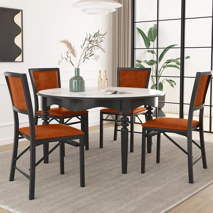 VECELO Folding Dining Chairs Set of 4, Metal Padded Foldable Seating with Comfortable Faux Leather, Space-Saving Portable Guest Seats for Kitchen & Office, No Assembly, Cognac Brown