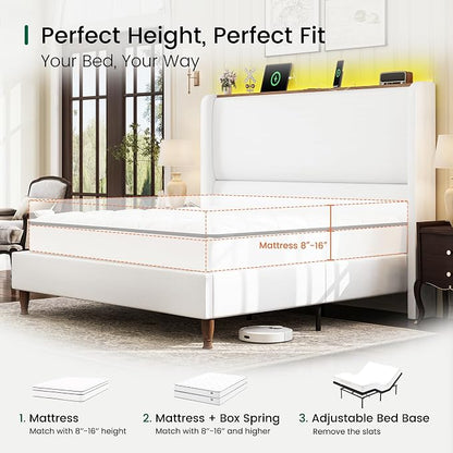 LARMACE King Size Bed Frame with LED Lights and Charging Station Linen Upholstered Platform Bed Frame with 51.2" Tall Wingback Headboard and Storage Shelf, No Box Spring Needed, Easy Assembly, Cream