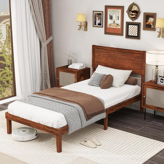 KOMFOTT Twin Size Wood Bed Frame with Headboard, Solid Acacia Wood Platform Bed Frame, Wooden Slats Supported Bed Base with Under-Bed Storage Space, No Box Spring Needed Mattress Foundation