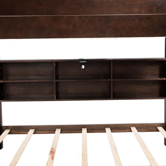 RUNNA Unique Queen Over Queen Bunk Bed with Storage&Charging Station,Brwon | Queen Over Queen Bunk Bed with Storage&Charging Station,Space-Saving Design Solid Wood Bunk Bed for Adults/Teens