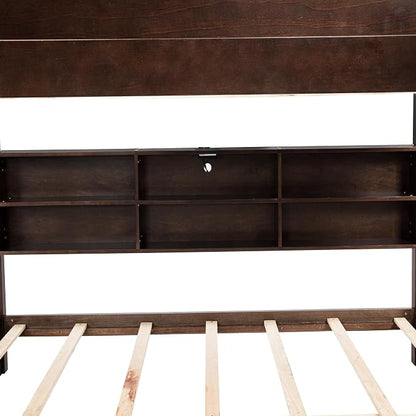 RUNNA Unique Queen Over Queen Bunk Bed with Storage&Charging Station,Brwon | Queen Over Queen Bunk Bed with Storage&Charging Station,Space-Saving Design Solid Wood Bunk Bed for Adults/Teens