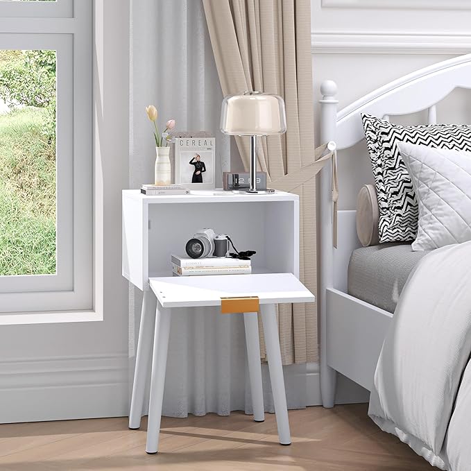 Nightstands Set of 2, Bedside Table with Rattan Door, Boho End Table with Solid Wood Legs for Bedroom, Living Room, Small Space Nightstands, White Color, HNS001W