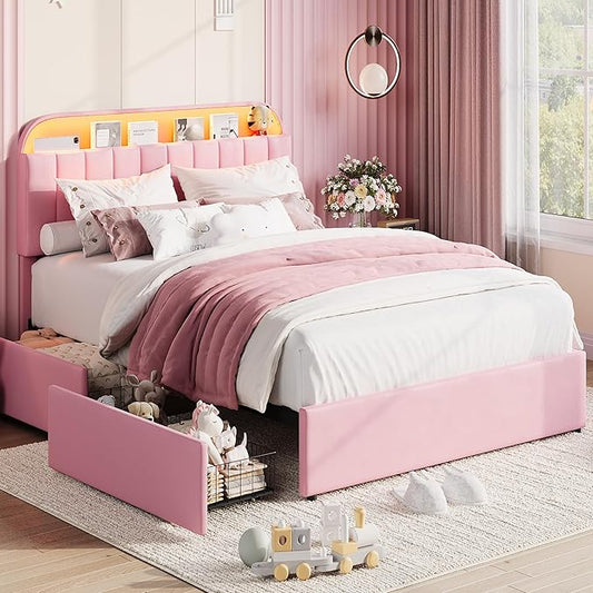 Garvee Full Size Bed Frame with 2 Flexible Drawers, Velvet Upholstered Platform Bed Frame with Bookcase Headboard and LED Lights, Kids Bed for Girls, Easy Assembly, Noise Free, Pink