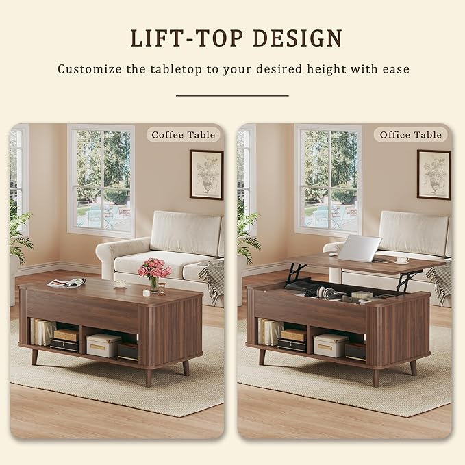Lift Top Coffee Table with Storage, 41" Mid Century Modern Coffee Table with Fluted & Curved Profile Design, Hidden Storage Compartment, Lower Shelf Center Table for Living Room Office, Walnut