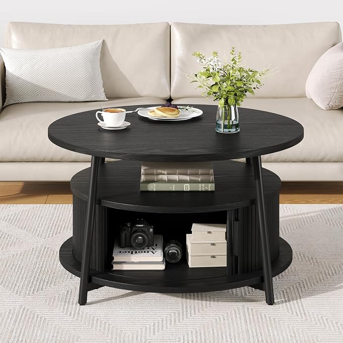 31.5 Inch Round Coffee Table with Storage, Fluted Coffee Tables with 2 Tiers, Mid-Century Modern Center Table with 2 Sliding Doors and Adjustable Footpad for Living Room, Black