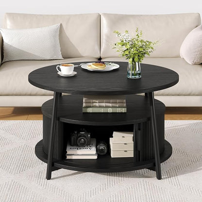 31.5 Inch Round Coffee Table with Storage, Fluted Coffee Tables with 2 Tiers, Mid-Century Modern Center Table with 2 Sliding Doors and Adjustable Footpad for Living Room, Black