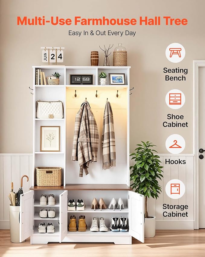 VEVOR Hall Tree with Bench and Shoe Storage, 39" Wide, Entryway Hall Tree with Bench, Hanging Hooks, Storage Shelves, Adjustable Shoe Shelves, LED Light, Wooden, for Mudroom, Entryway, Hallway, White