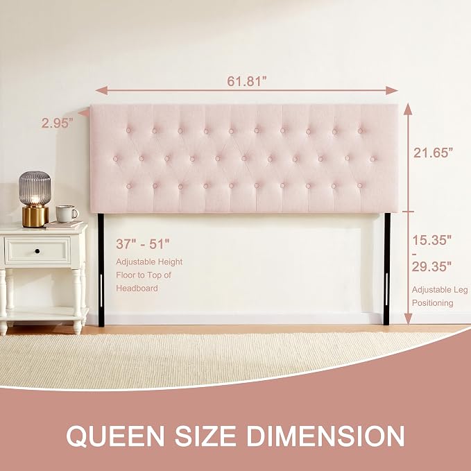 Tufted Upholstered Headboard Queen Size, Adjustable Height 37- 51 in, Pink | Sturdy and Durable Solid Wood Bed Headboard, Fabric Queen Headboard Only, Modern Button Diamond Design Head Board