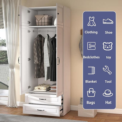 White Armoire Wardrobe Closet: 88" Extra Tall Wardrobe Closet with 2 Drawers, Bedroom Armoires with 2 Doors, Wood Large Armoire with Top Cabinet (White, 31.5")