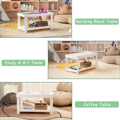 Kids Activity Table with Storage, 2 in 1 Solid Wood Building Blocks Table with Board for Boys Girls Gifts, Play Bricks, Train, Reading, Arts Draw