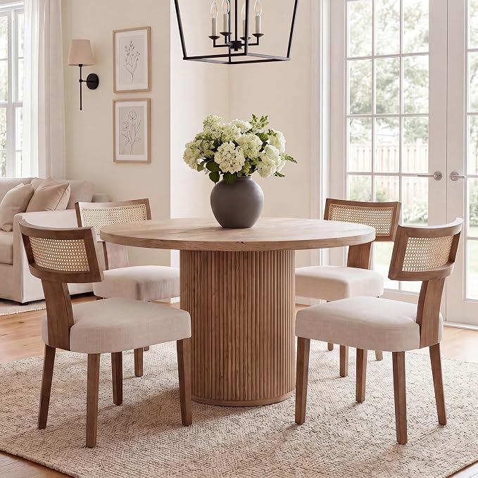 HNY Mid Century Modern Rattan Dining Chairs Set of 4, Linen Upholstered Kitchen & Dining Room Chairs with Ergonomic Curved Back, Solid Wood Frame, Farmhouse Accent Chairs for Home, Apartment, Beige