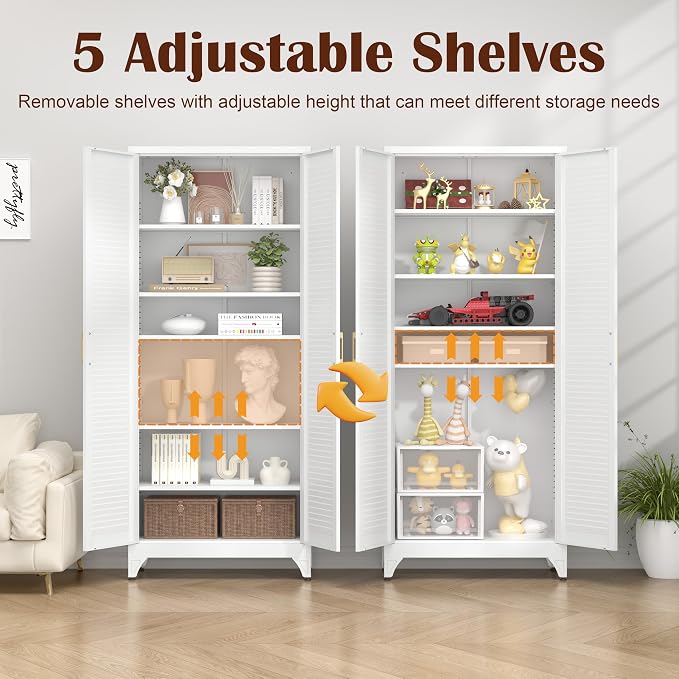 SteeLoong Kitchen Pantry Cabinet,75" Metal Storage Cabinet with Doors and 5 Adjustable Shelves,White Tall Locker Organizer Steel Garage Cabinets for Tool,File Cabinet for Office,Kitchen,Garage,School