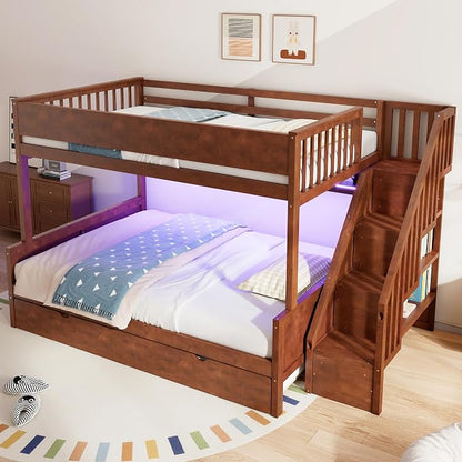 Modern Bunk Bed Full XL Over Queen Size with Storage Shelves and Staircase, Solid Wood Bunk Bed Frame with Trundle and LED Light for Kids Teens Adults (Walnut-3.9)