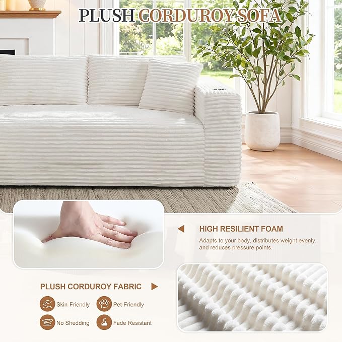 Vongrasig 103" Boneless Sectional Couches for Living Room, L-Shaped Chaise Modular Cloud Couch with Cup Holders on Armrests, Plush Corduroy Comfy Sofa with Memory Foam, No Assembly Required (Beige)