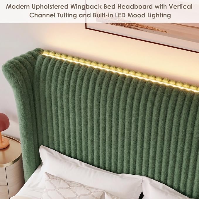 Keyluv King Bed Frame with 54.3” Tall Faux-Fur Wingback Headboard, Upholstered Platform Bed with LED Light, Mattress Foundation with Solid Wooden Slats Support, No Box Spring Needed, Noise-Free, Green