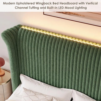 Keyluv King Bed Frame with 54.3” Tall Faux-Fur Wingback Headboard, Upholstered Platform Bed with LED Light, Mattress Foundation with Solid Wooden Slats Support, No Box Spring Needed, Noise-Free, Green