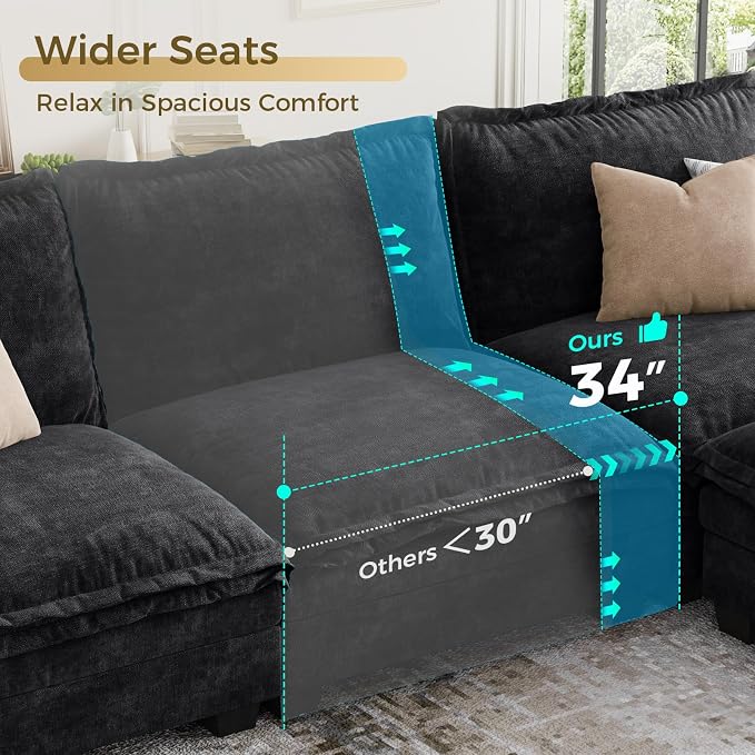 KKL 89 Inch Modular Sectional Sofa, 2 Seater Loveseat Cloud Couch with Deep Seat, Chenille Sectional Couches for Living Room, Apartment, Black