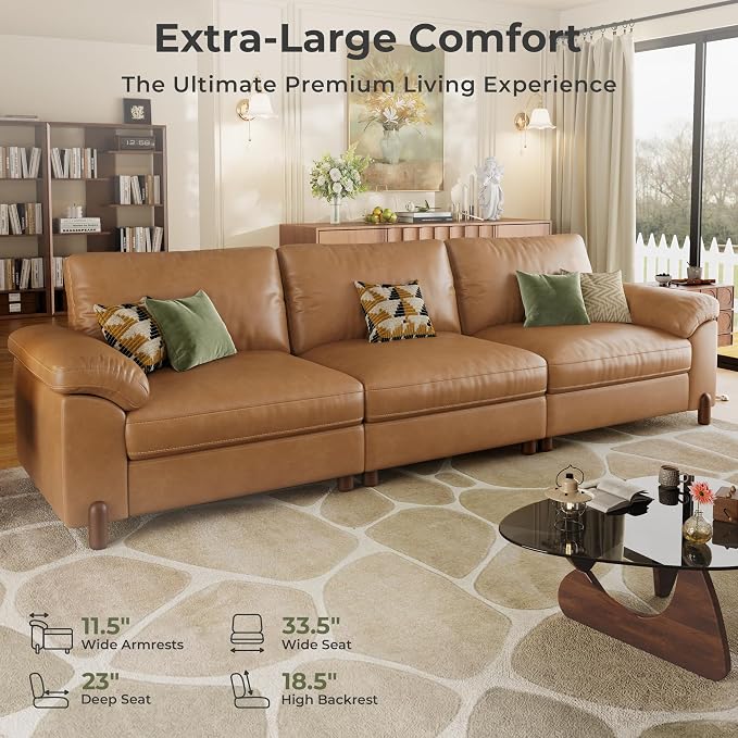 SITJOY Large Cloud Couch, 118" Wide 3 Seater Sofa, Faux Leather in Brown | Pet-Friendly Scratch-Resistant Leather Sectional Sofas for Living Room, Deep Seat Wide Couch