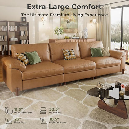 SITJOY Large Cloud Couch, 118" Wide 3 Seater Sofa, Faux Leather in Brown | Pet-Friendly Scratch-Resistant Leather Sectional Sofas for Living Room, Deep Seat Wide Couch