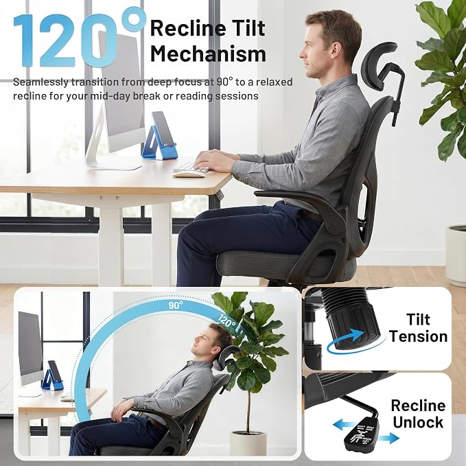 Office Chair Ergonomic Desk Chair with Adjustable Headrest Lumbar Support, High Back Breathable Mesh Chair with 120° Tilt & Flip-Up Armrests, Swivel Comfy Task Computer Chair for Work, Study