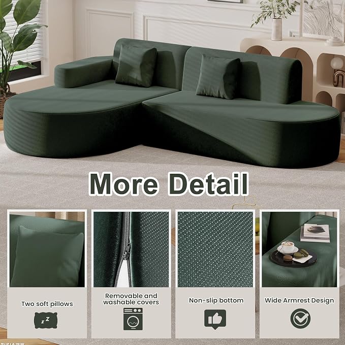 MELLCOM Modern 93" Curved Boneless Sofa Couch, L-Shaped Corner Sofa, No Assembly Needed, Chenille Upholstered Cloud Sectional Couch for Living Room, Bedroom and Apartment (Green, Left Hand Facing)