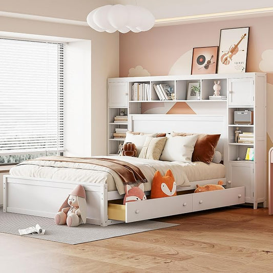 Merax Queen Size Wooden Bed with All-in-One Cabinet, White Platform Bed Frame with 4 Drawers, Shelf and Sockets