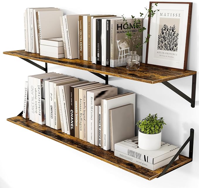 Heimlove Deep Floating Shelves for Wall, 44W x 12D Wood Wall Shelves Set of 2, Wide Floating Bookshelf for Living Room, Kitchen, Office, Bedroom and Decor Storage, with Metal Bracket - Rustic Brown