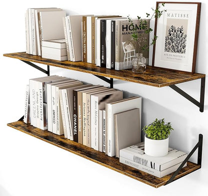 Heimlove Deep Floating Shelves for Wall, 44W x 12D Wood Wall Shelves Set of 2, Wide Floating Bookshelf for Living Room, Kitchen, Office, Bedroom and Decor Storage, with Metal Bracket - Rustic Brown