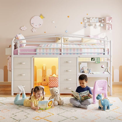 Low Loft Bed Twin Size with 7 Storage Drawers, Desk and LED Lights, Heavy Duty Metal Kids Loft Bed with 13.8" H Safety Guardrail, Anti-Collision Pad, Private Play Curtain, Under-Bed Play Space - Beige