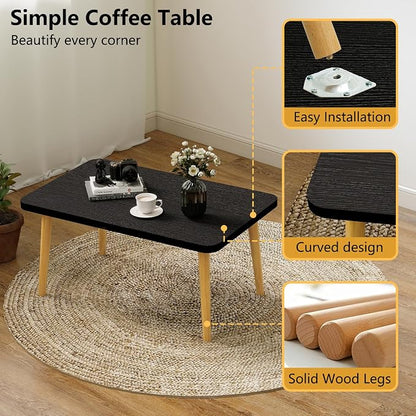 Square Coffee Table Low Table with 4 Solid Wood Sturdy Legs,Floor Table Desk for Sitting on The Floor,19.7"D x 31.5"W x 16"H Inches,Living Room/Toy room Furniture,Rental house Furniture(Black-Square)