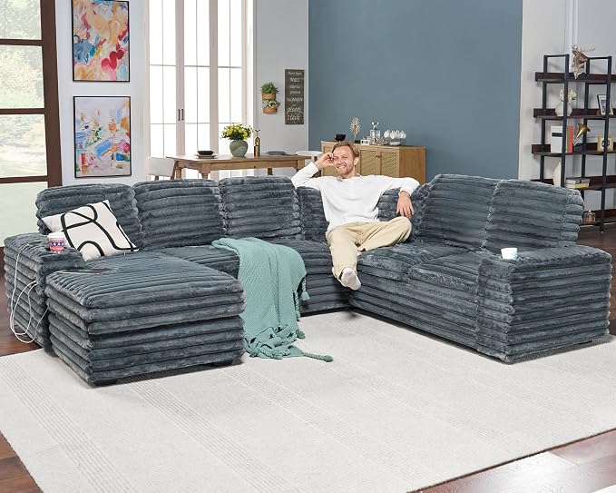 AMERLIFE 112 Inch U Shaped Couch, Oversized Sofa with Storage Chaise & Cup Holders, Sectional Sofa with USB & Type-C Charging Ports, Faux Fur Dark Grey Sofa