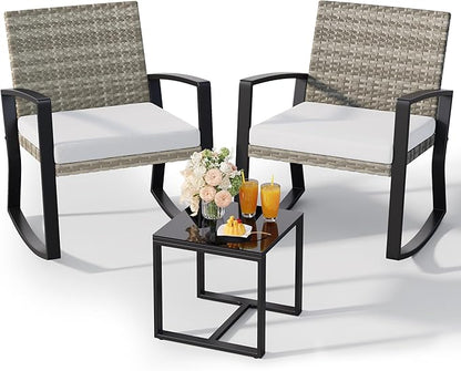 Qsun 3 Pieces Outdoor Patio Furniture Set Rocking Bistro Set, Outdoor Patio Furniture Set with Coffee Table for Garden Balcony Backyard Poolside (Light Grey Cushion)