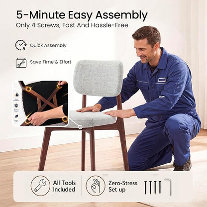 COLAMY Dining Chairs Set of 6, Modern Upholstered Kitchen Room Chairs with Solid Red Oak Wood Legs, 5-Min Easy Assembly Anti-Wobble, High-Weight Fabric Farmhouse Side Chair, 300lbs,Walnut,Beige